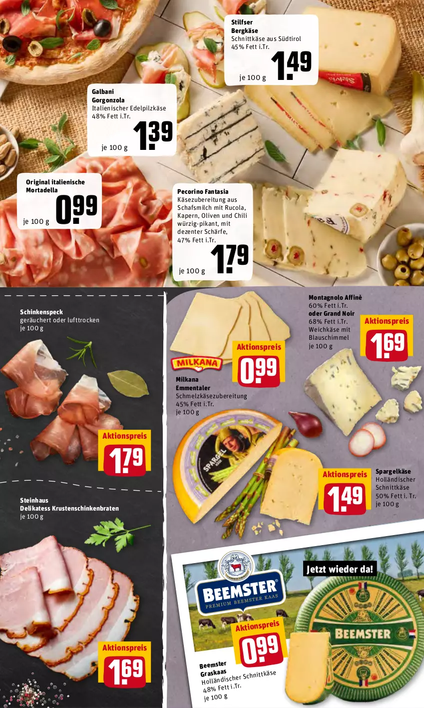 Aktueller Prospekt Rewe - REWE Ihr Kaufpark - von 16.05 bis 21.05.2022 - strona 7 - produkty: aktionspreis, Bergkäse, braten, chili, cola, dell, eis, emmentaler, ente, fanta, galbani, gin, gorgonzola, holländischer schnittkäse, Käse, Krustenschinken, milch, milka, milkana, mortadella, olive, oliven, Pecorino, reis, rucola, schinken, schinkenbraten, schinkenspeck, Schmelzkäse, schmelzkäsezubereitung, schnittkäse, spargel, Speck, steinhaus, Ti, weichkäse