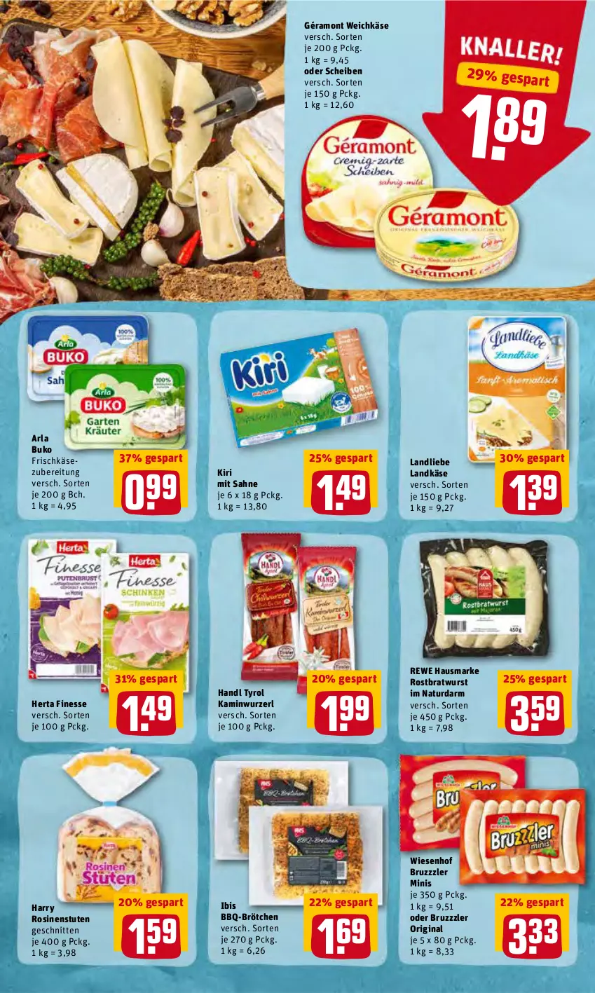 Aktueller Prospekt Rewe - REWE Ihr Kaufpark - von 16.05 bis 21.05.2022 - strona 8 - produkty: arla, arla buko, bratwurst, brötchen, bruzzzler, Buko, finesse, frischkäse, frischkäsezubereitung, géramont, gin, hausmarke, herta, herta finesse, Kamin, Kaminwurz, Käse, kiri, landkäse, landliebe, natur, ndk, rewe hausmarke, rostbratwurst, sahne, schnitten, weichkäse, wiesenhof, wurst