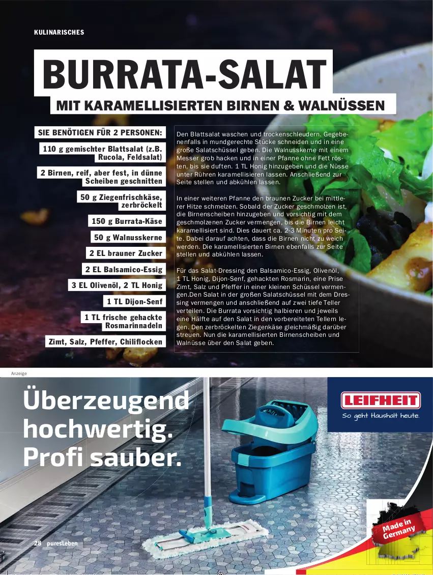 Aktueller Prospekt Hit - pures Leben - von 01.10.2023 bis 31.03.2024 - strona 28 - produkty: auer, balsam, balsamico, bier, Biere, Birnen, braun, Burrata, chili, cola, dijon-senf, dressing, elle, erde, essig, feldsalat, frischkäse, honig, karamell, Käse, leine, messer, nuss, olive, oliven, olivenöl, pfanne, pfeffer, Röcke, rosmarin, rucola, salat, salz, schnitten, schüssel, senf, teller, Ti, walnuss, walnusskerne, ziegenfrischkäse, ziegenkäse, zucker