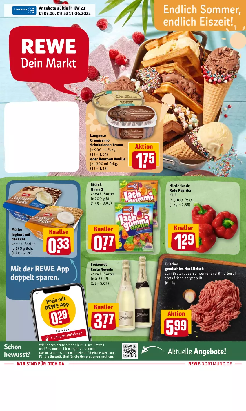 Aktueller Prospekt Rewe - Diese Woche im Angebot! - von 07.06 bis 11.06.2022 - strona 1 - produkty: angebot, angebote, bourbon, bourbon vanille, braten, cremissimo, eis, elle, fleisch, freixenet, hackfleisch, Heu, joghur, joghurt, joghurt mit der ecke, langnese, langnese cremissimo, Müller, Nimm 2, paprika, reis, rind, rindfleisch, rum, schoko, schokolade, schokoladen, schwein, schweine, sim, storck, Ti, vanille, wein, weine