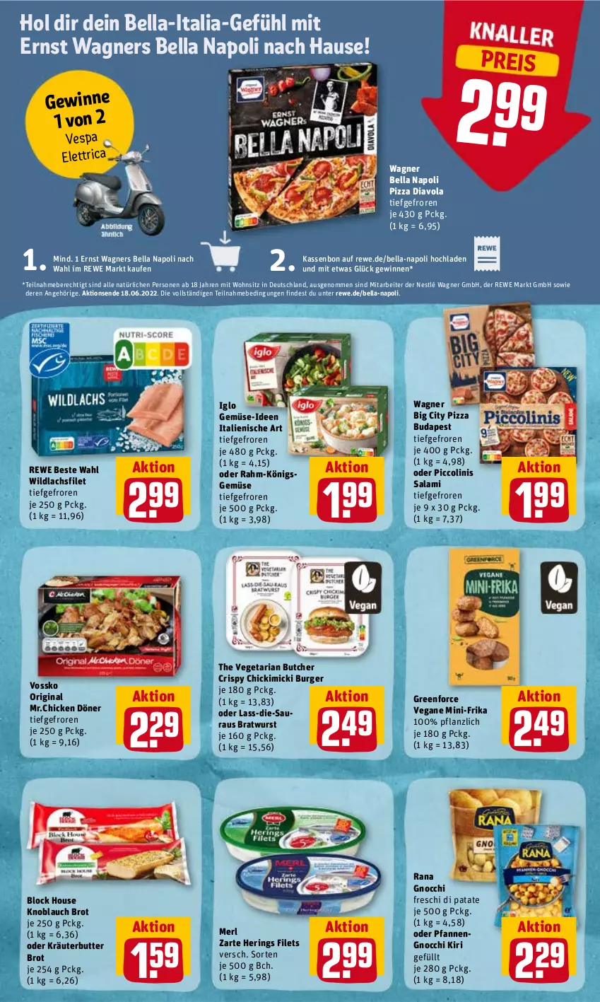 Aktueller Prospekt Rewe - Diese Woche im Angebot! - von 07.06 bis 11.06.2022 - strona 10 - produkty: bratwurst, brot, burger, butter, eis, filet, filets, gin, gnocchi, hering, Herings, iglo, kiri, knoblauch, kräuter, kräuterbutter, lachs, lachsfilet, merl, nestlé, oder kräuter, oder piccolinis, pfanne, pfannen, piccolinis, pizza, Rana, reis, rewe beste wahl, Ria, ring, salami, The Vegetarian Butcher, Ti, Vegeta, vossko, wagner, wagners, Wild, wildlachs, wurst