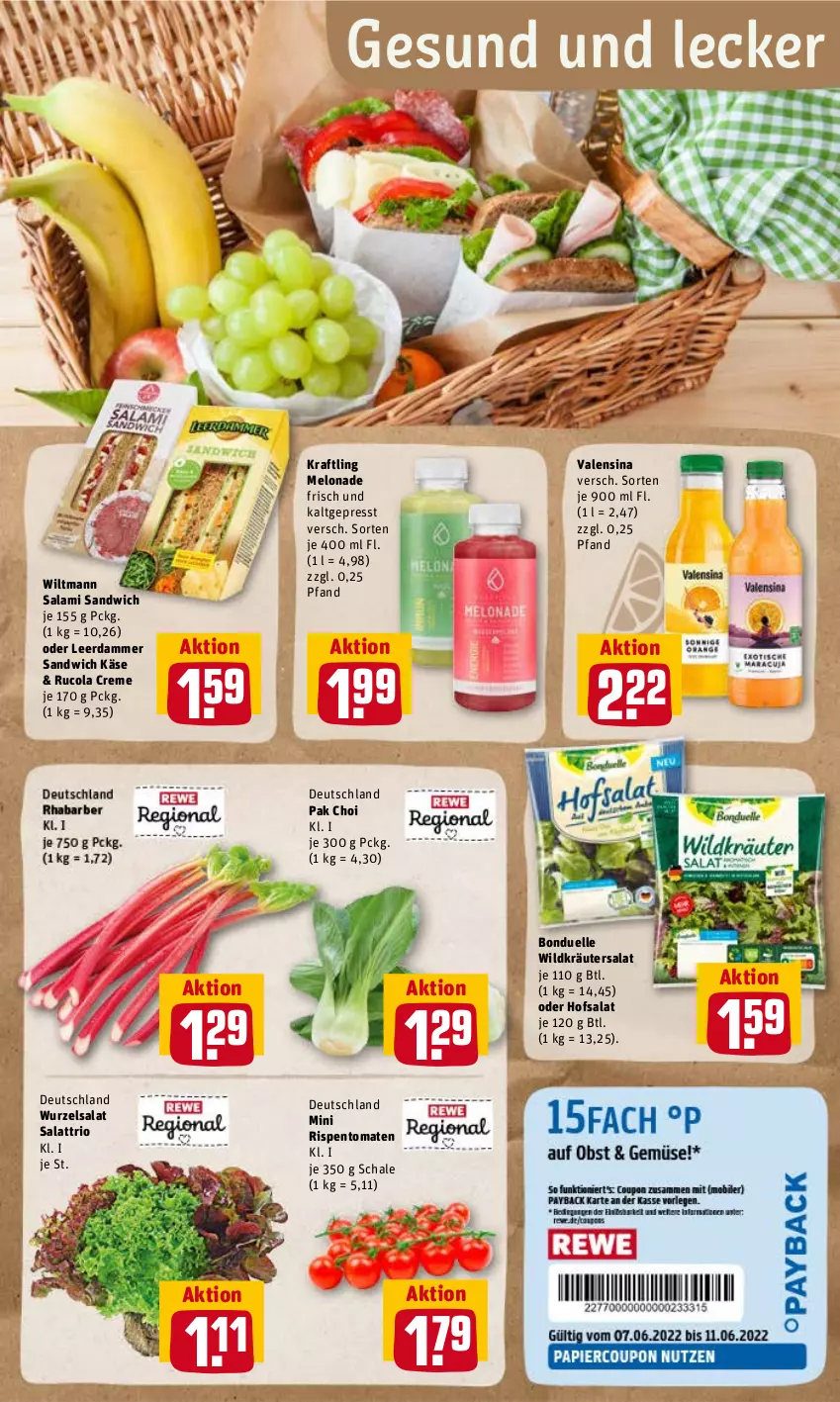 Aktueller Prospekt Rewe - Diese Woche im Angebot! - von 07.06 bis 11.06.2022 - strona 11 - produkty: bonduelle, cola, creme, elle, Käse, kraft, kräuter, leerdammer, Pak Choi, rispentomaten, rucola, salami, salat, sandwich, Schal, Schale, Ti, tomate, tomaten, valensina, Wild, wiltmann