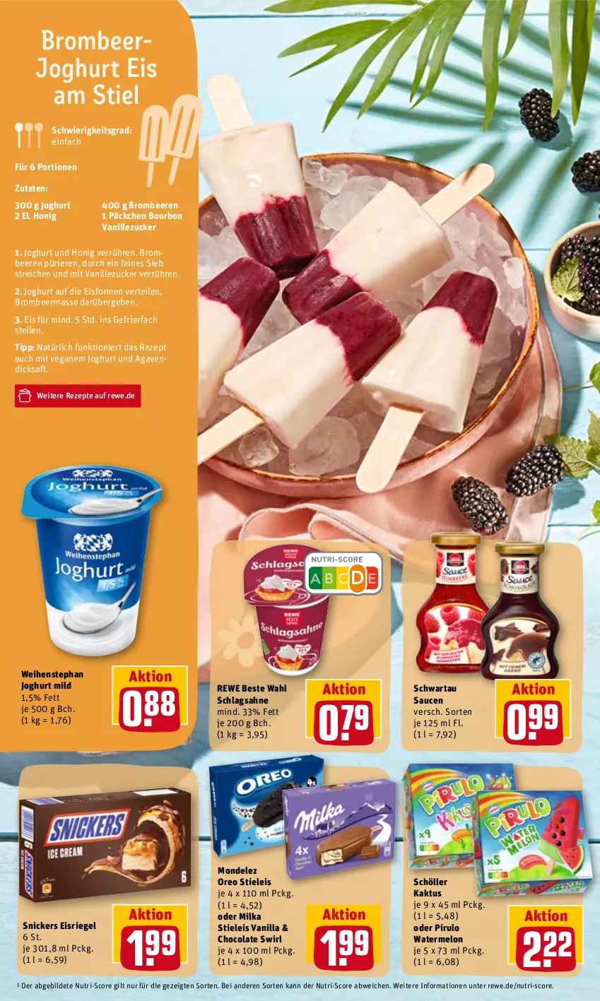 Aktueller Prospekt Rewe - Diese Woche im Angebot! - von 07.06 bis 11.06.2022 - strona 12 - produkty: agaven, beere, beeren, bourbon, bourbon vanille, brombeere, brombeeren, cola, dicksaft, eis, Eisriegel, elle, gefrierfach, honig, joghur, joghurt, joghurt mild, milka, mondelez, oreo, rewe beste wahl, rezept, rezepte, riegel, saft, sahne, sauce, saucen, schlagsahne, Schöller, Schwartau, snickers, stieleis, swirl, Ti, vanille, weihenstephan, zucker