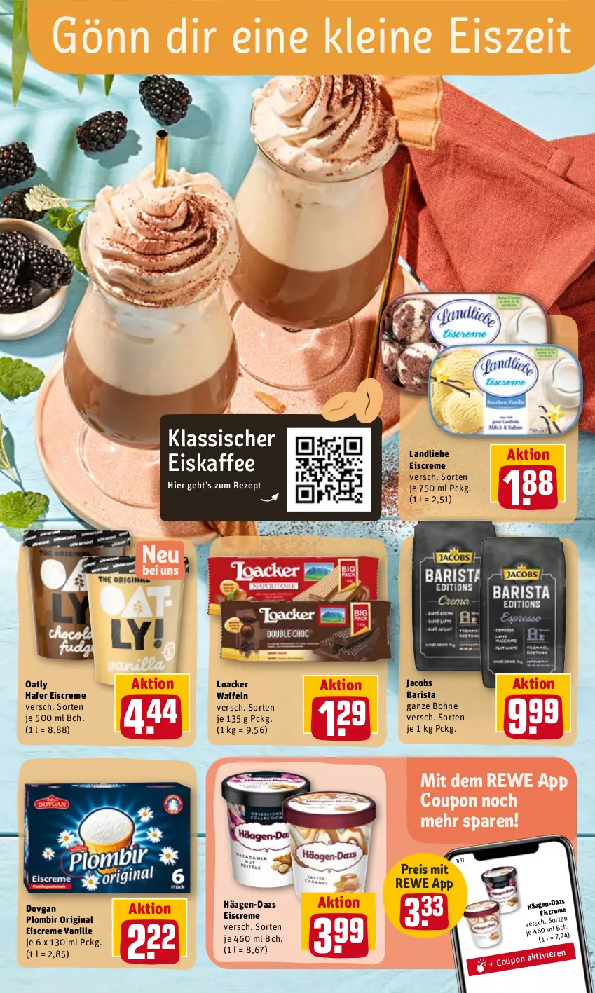 Aktueller Prospekt Rewe - Diese Woche im Angebot! - von 07.06 bis 11.06.2022 - strona 13 - produkty: bohne, coupon, creme, dovgan, eis, eiscreme, eiskaffee, gin, häagen-dazs, hafer, jacobs, kaffee, landliebe, landliebe eiscreme, leine, reis, rezept, Ti, vanille, waffeln