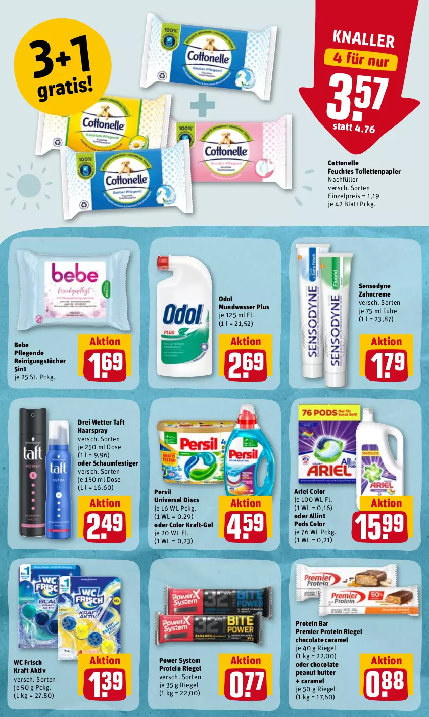 Aktueller Prospekt Rewe - Diese Woche im Angebot! - von 07.06 bis 11.06.2022 - strona 16 - produkty: ariel, Bebe, butter, caramel, cola, cottonelle, creme, drei wetter taft, eis, elle, feuchtes toilettenpapier, haarspray, kraft, mundwasser, oder schaumfestiger, Odol, papier, peanut butter, persil, Pods, Reinigung, reinigungstücher, reis, riegel, schaumfestiger, sensodyne, Taft, Ti, toilettenpapier, tücher, wasser, wc frisch, WC Frisch Kraft Aktiv, zahncreme