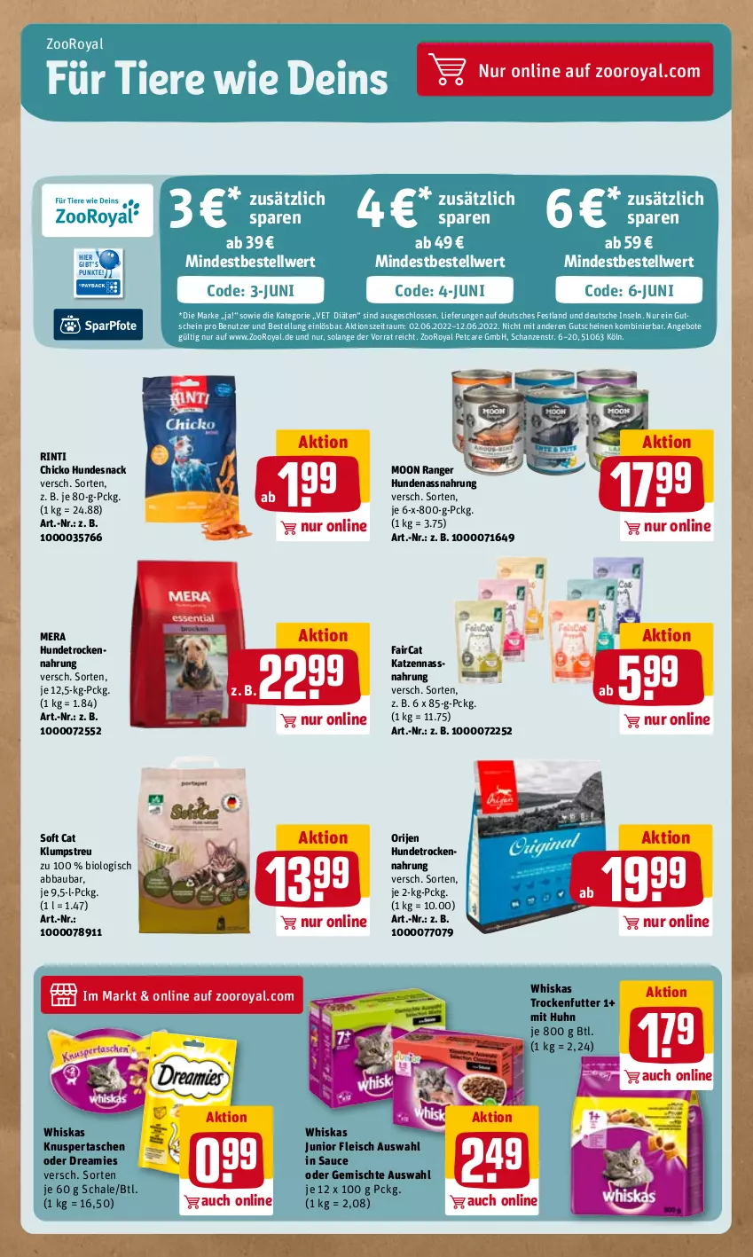 Aktueller Prospekt Rewe - Diese Woche im Angebot! - von 07.06 bis 11.06.2022 - strona 17 - produkty: Abba, angebot, angebote, Bau, bio, dreamies, eis, fleisch, gutschein, gutscheine, hundesnack, Hundetrockennahrung, klumpstreu, Nassnahrung, rinti, sauce, Schal, Schale, snack, Tasche, taschen, Ti, Tiere, trockenfutter, Trockennahrung, whiskas