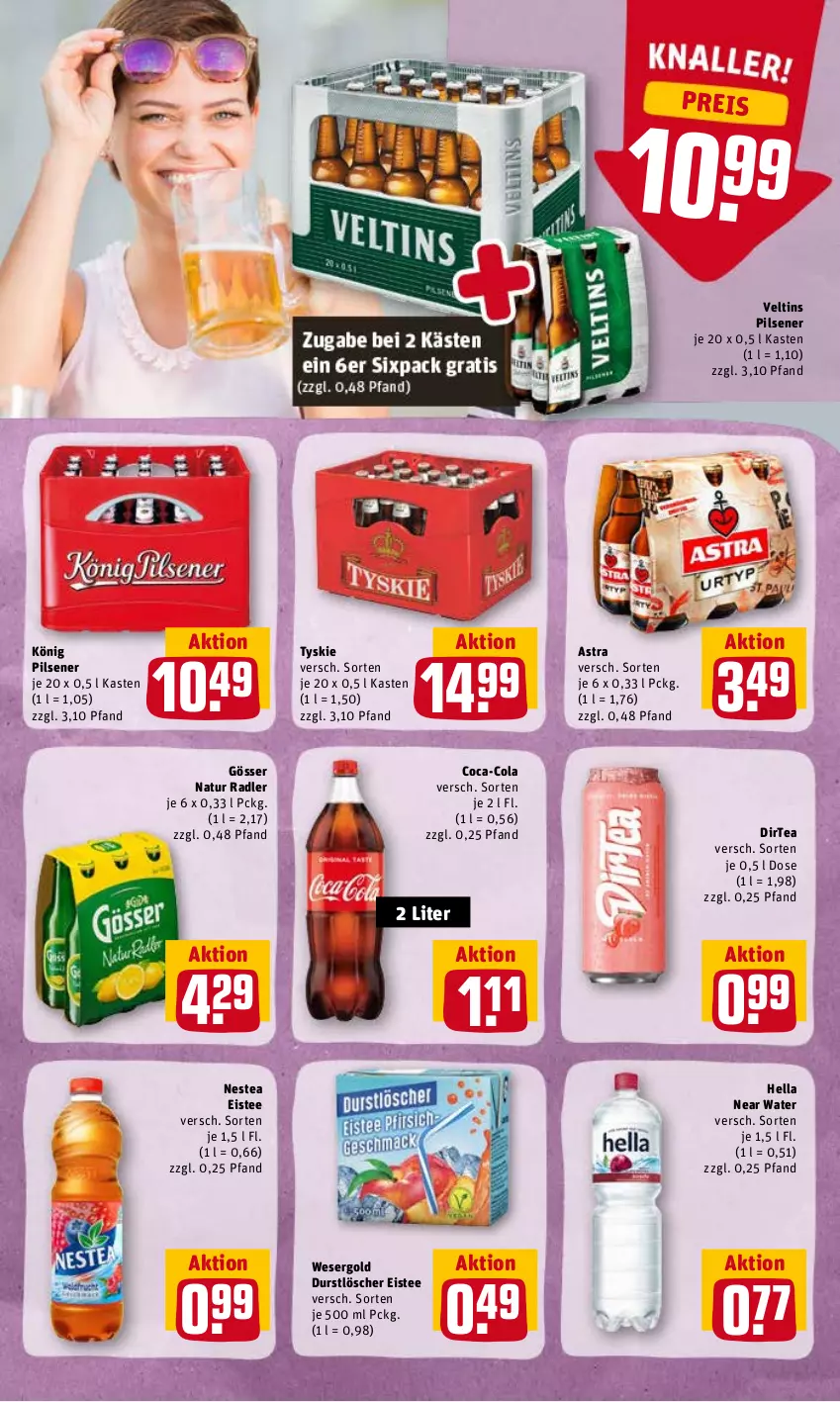 Aktueller Prospekt Rewe - Diese Woche im Angebot! - von 07.06 bis 11.06.2022 - strona 19 - produkty: Astra, coca-cola, cola, durstlöscher, eis, eistee, gösser, hella, könig pilsener, natur, natur radler, Nestea, pils, pilsener, radler, reis, tee, Ti, tyskie, veltins, veltins pilsener