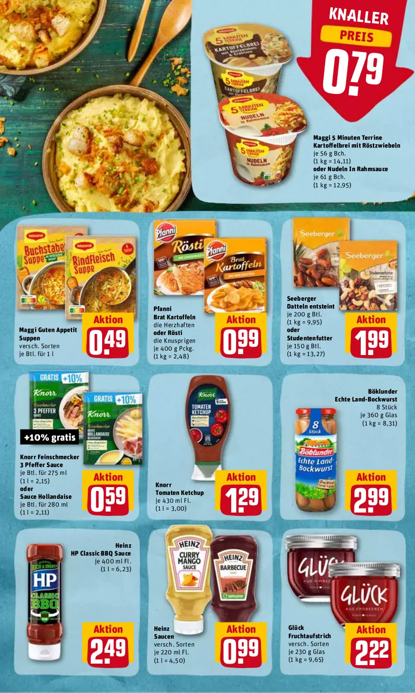 Aktueller Prospekt Rewe - Diese Woche im Angebot! - von 07.06 bis 11.06.2022 - strona 22 - produkty: aufstrich, Berger, bockwurst, böklunder, Brei, Datteln, eis, ente, feinschmecker, frucht, fruchtaufstrich, heinz, hollandaise, HP, kartoffel, kartoffelbrei, kartoffeln, ketchup, knorr, maggi, mit röstzwiebeln, nudel, nudeln, pfanni, pfeffer, reis, röstzwiebeln, sauce, sauce hollandaise, saucen, seeberger, studentenfutter, suppe, suppen, terrine, Ti, tomate, tomaten, tomaten ketchup, wurst, zwiebel, zwiebeln