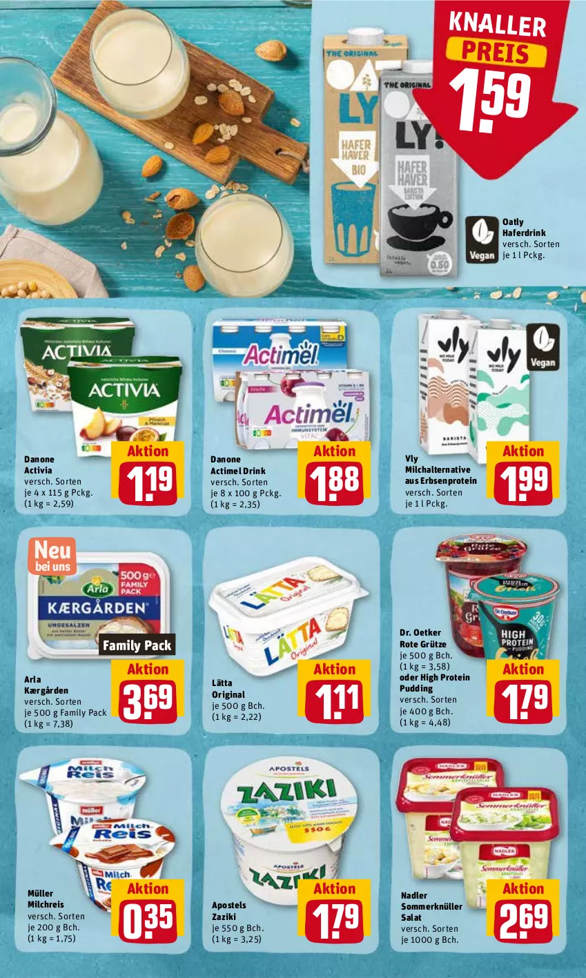 Aktueller Prospekt Rewe - Diese Woche im Angebot! - von 07.06 bis 11.06.2022 - strona 9 - produkty: actimel, actimel drink, activia, apostels, arla, danone, danone actimel drink, danone activia, Dr. Oetker, drink, eis, erbsen, gin, grütze, hafer, Haferdrink, Kærgården, lätta, milch, milchreis, Müller, nadler, pudding, reis, Rote Grütze, salat, Ti, zaziki