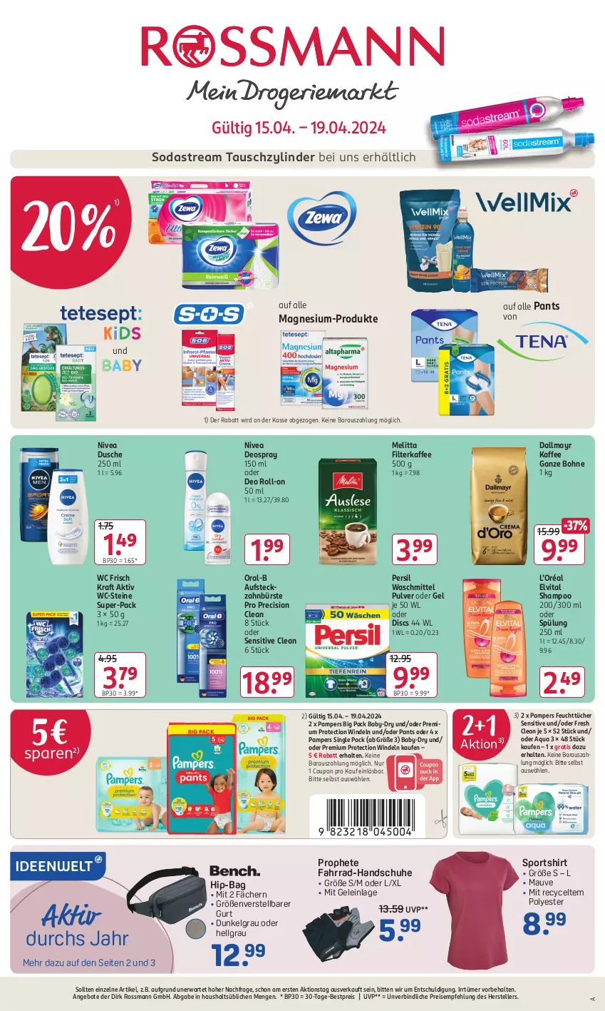 Aktueller Prospekt Rossmann - Prospekte - von 15.04 bis 19.04.2024 - strona 1 - produkty: angebot, angebote, aqua, baby-dry, bestpreis, bohne, bürste, coupon, coupons, dallmayr, deo, deo roll-on, deospray, deospray 150 ml, dusche, eier, eis, elle, elvital, Fahrrad, feuchttücher, filterkaffee, handschuhe, kaffee, kraft, LG, magnesium, melitta, nivea, oder deo roll-on, oral-b, pampers, Pants, persil, persil waschmittel, precision clean, prophete, reis, roll-on, schuhe, shampoo, shirt, Soda, sodastream, Sport, spülung, teller, Ti, tücher, vita, waschmittel, wc frisch, WC Frisch Kraft Aktiv, WC-Steine, windeln, zahnbürste