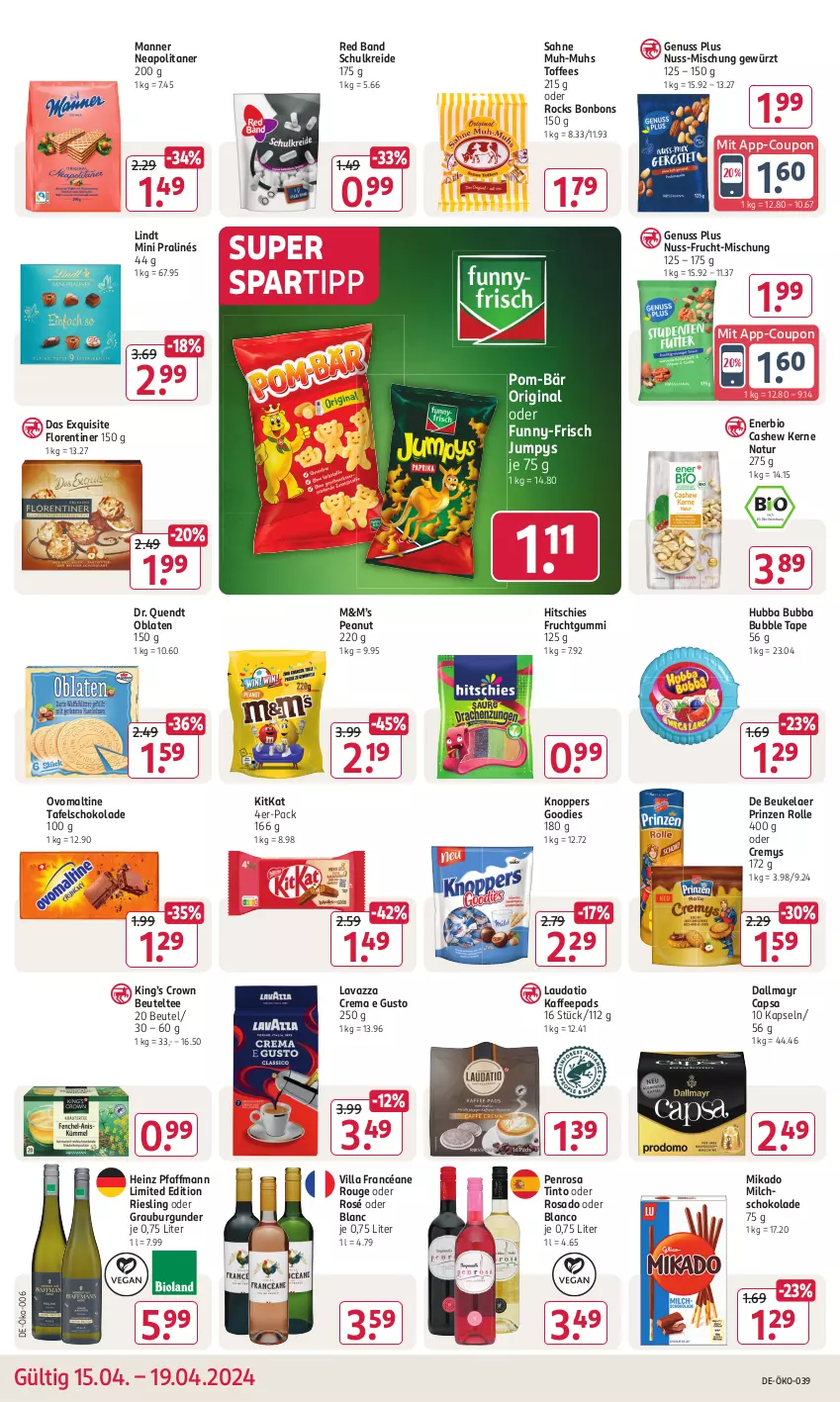 Aktueller Prospekt Rossmann - Prospekte - von 15.04 bis 19.04.2024 - strona 14 - produkty: beutel, bio, bonbons, burgunder, Cap, Cashew, coupon, cremys, dallmayr, dallmayr capsa, de beukelaer, Florentiner, frucht, fruchtgummi, funny-frisch, gewürz, gin, grauburgunder, heinz, kaffee, kaffeepads, kitkat, knoppers, Kreide, lavazza, lindt, Manner, mikado, milch, mini pralinés, natur, nuss, Oblaten, ovomaltine, pom-bär, prinzen rolle, riesling, rouge, sahne, schoko, schokolade, spartipp, tafelschokolade, tee, Ti