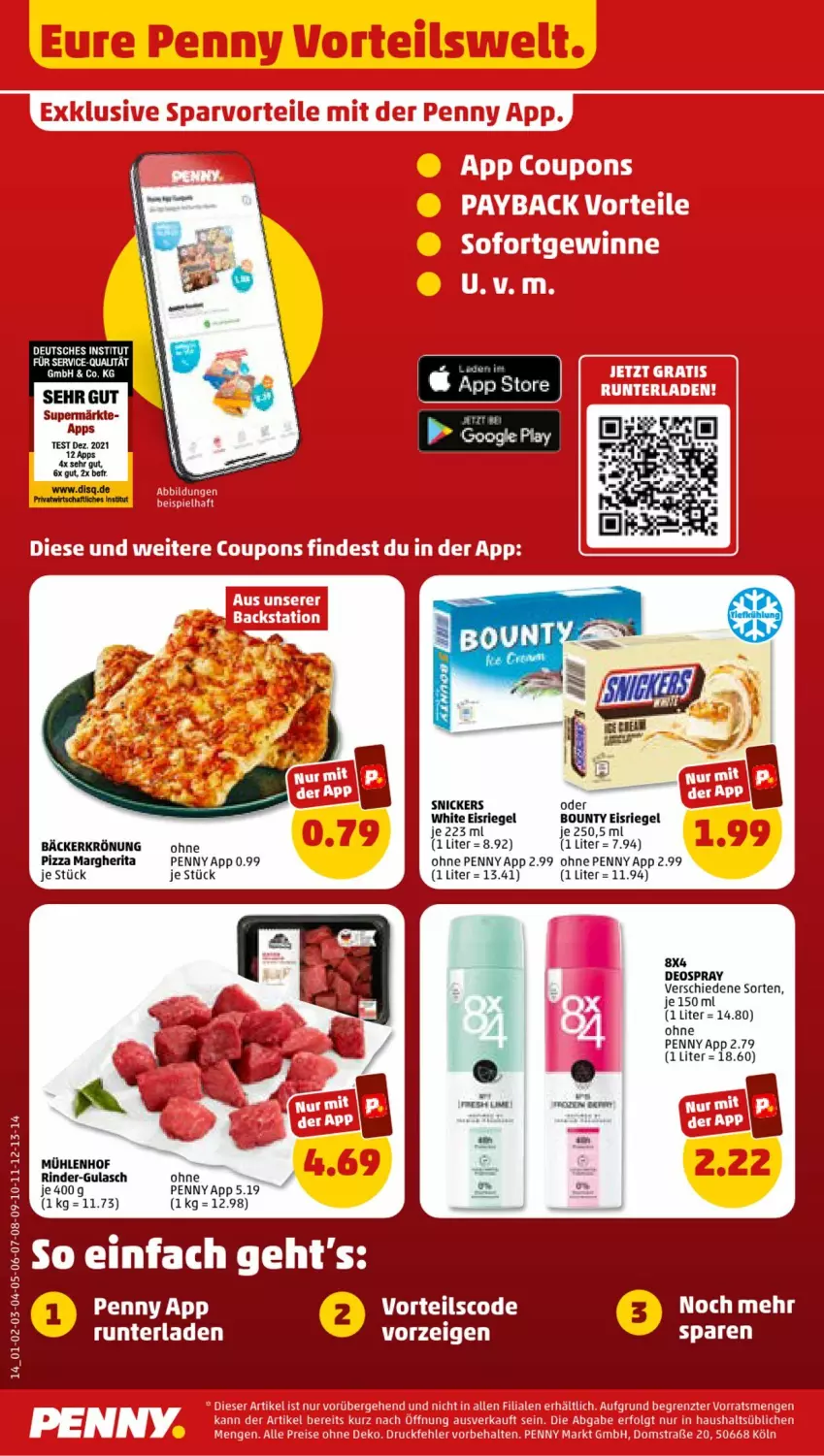 Aktueller Prospekt Penny - Prospekte - von 03.07 bis 08.07.2023 - strona 14 - produkty: bounty, coupon, coupons, deo, deospray, eis, Eisriegel, gulasch, LG, margherita, pizza, riegel, rind, rinder, snickers, Ti