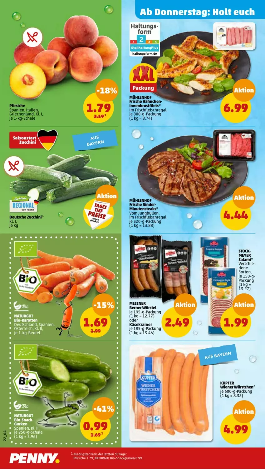 Aktueller Prospekt Penny - Prospekte - von 03.07 bis 08.07.2023 - strona 22 - produkty: bio, brustfilet, eis, filet, filets, fleisch, Frische Hähnchen, gurke, gurken, jungbullen, Käse, Käsekrainer, minutensteaks, natur, pfirsich, pfirsiche, regal, reis, rind, rinder, salami, Schal, Schale, snack, steak, steaks, wiener, wiener würstchen, würstchen, ZTE, zucchini