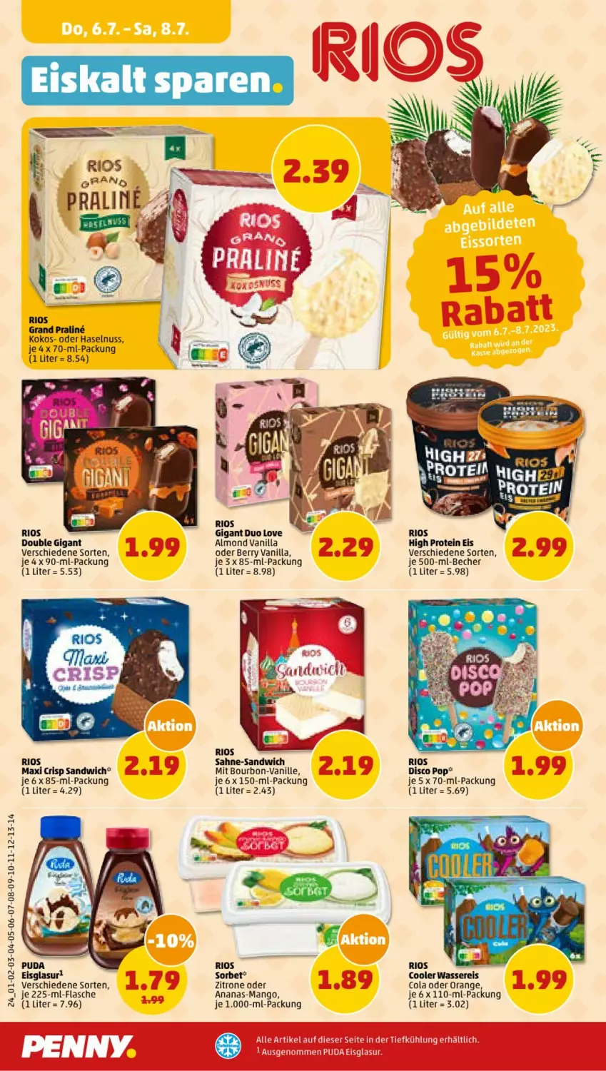 Aktueller Prospekt Penny - Prospekte - von 03.07 bis 08.07.2023 - strona 24 - produkty: ananas, Becher, bourbon, cola, eis, flasche, haselnuss, kokos, mango, nuss, orange, reis, sahne, sandwich, Sorbet, Ti, vanille, wasser, wassereis, zitrone