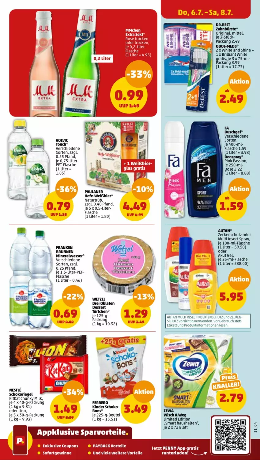 Aktueller Prospekt Penny - Prospekte - von 03.07 bis 08.07.2023 - strona 31 - produkty: Alwa, Autan, beutel, bier, brunnen, bürste, coupon, coupons, deo, deospray, dessert, ferrero, flasche, franken brunnen, gin, Hefe, Kinder, kitkat, lion, mineralwasser, natur, Oblaten, Odol, Paula, paulaner, payback, pet-flasche, Rauch, riegel, rwe, schoko, schokoriegel, Ti, Törtchen, wasser, zahnbürste, zewa