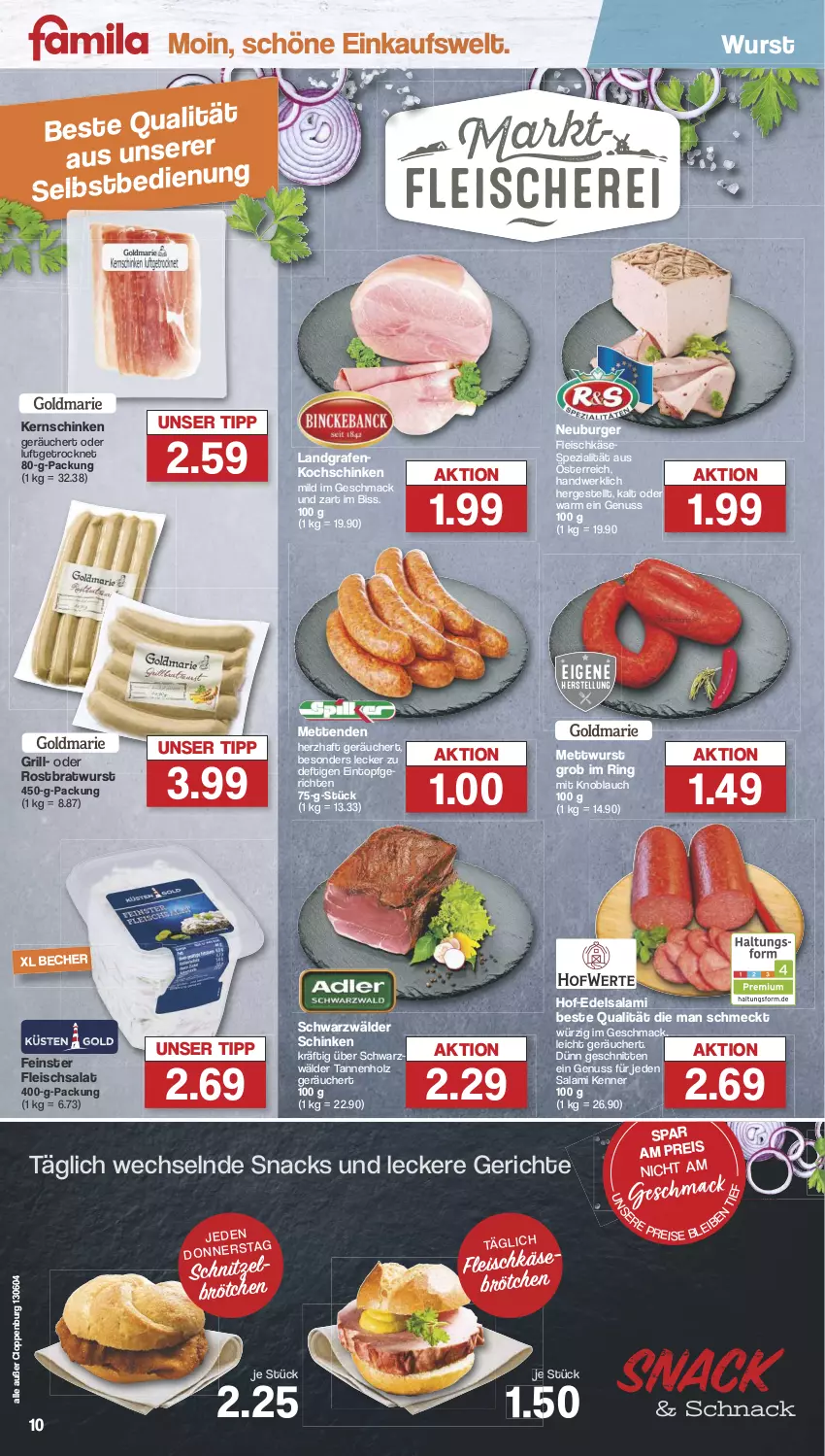 Aktueller Prospekt Famila - Prospekte - von 21.05 bis 25.05.2024 - strona 10 - produkty: Becher, bratwurst, brötchen, burger, Edelsalami, eintopf, eis, fleisch, fleischkäse, fleischsalat, grill, Holz, Käse, kernschinken, knoblauch, kochschinken, mac, Mett, metten, Mettenden, mettwurst, mit knoblauch, Neuburger, nuss, reis, ring, rostbratwurst, salami, salat, schinken, schnitten, schnitzel, schwarzwälder schinken, snack, snacks, Spezi, Ti, topf, wurst