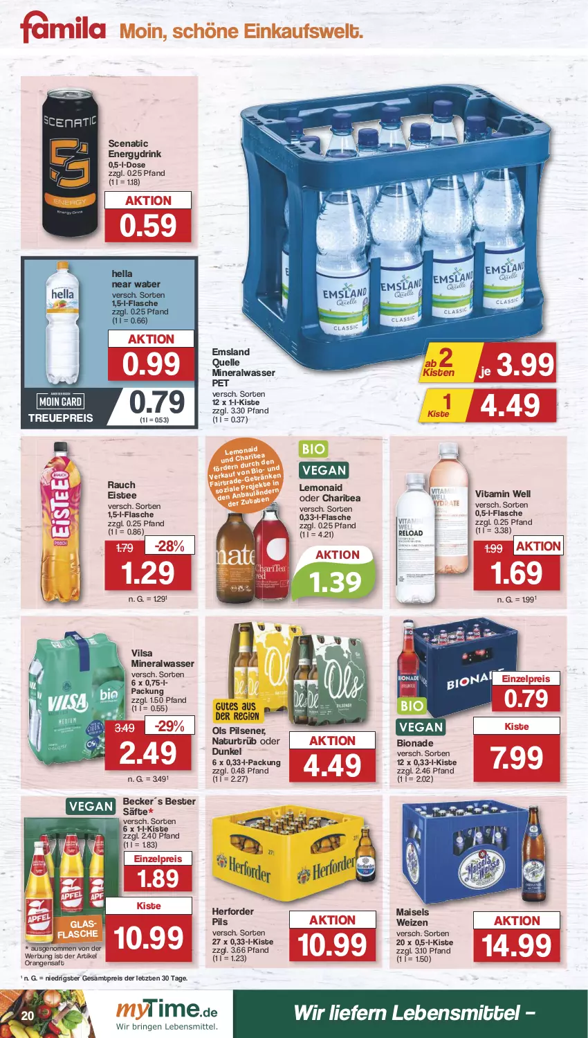 Aktueller Prospekt Famila - Prospekte - von 21.05 bis 25.05.2024 - strona 20 - produkty: Alwa, bio, bionade, drink, eis, eistee, elle, flasche, glasflasche, hella, lebensmittel, mais, mineralwasser, natur, orange, orangen, orangensaft, pils, pilsener, Rauch, reis, saft, säfte, tee, Ti, vilsa, vita, wasser, ZTE