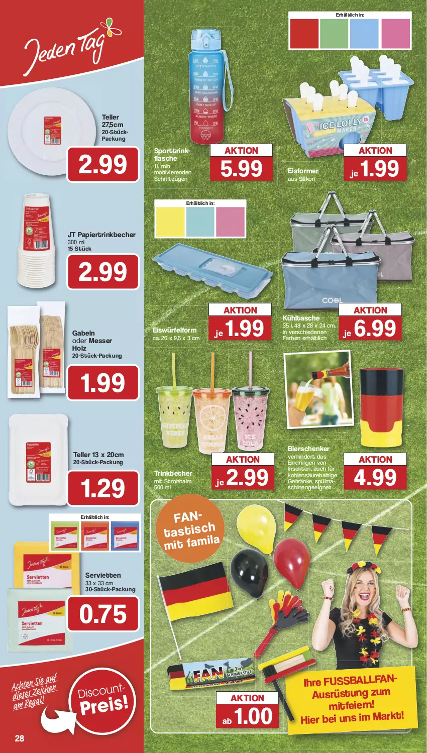 Aktueller Prospekt Famila - Prospekte - von 21.05 bis 25.05.2024 - strona 28 - produkty: asti, ball, Becher, bier, eier, eis, eiswürfel, elle, flasche, gabel, getränk, getränke, Holz, kühltasche, messer, papier, ring, sekt, Serviette, servietten, Sport, spülmaschinen, Tasche, teller, Ti, tisch, trinkbecher, trinkflasche, würfel