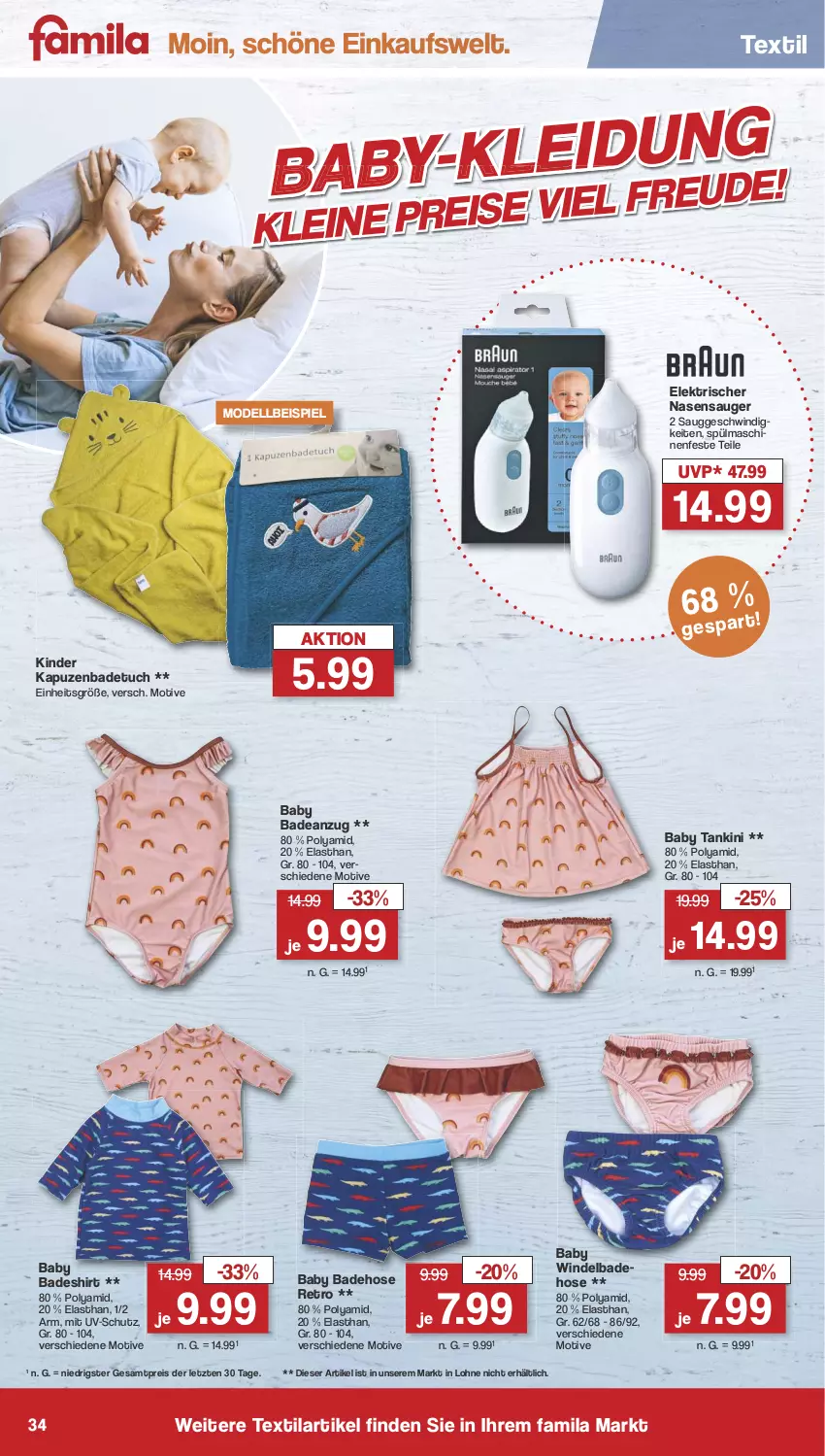 Aktueller Prospekt Famila - Prospekte - von 21.05 bis 25.05.2024 - strona 34 - produkty: Anzug, Bad, badeanzug, Badehose, badetuch, dell, eis, hose, Kinder, leine, Mode, reis, shirt, spülmaschinen, Ti, tuc, uv-schutz, ZTE