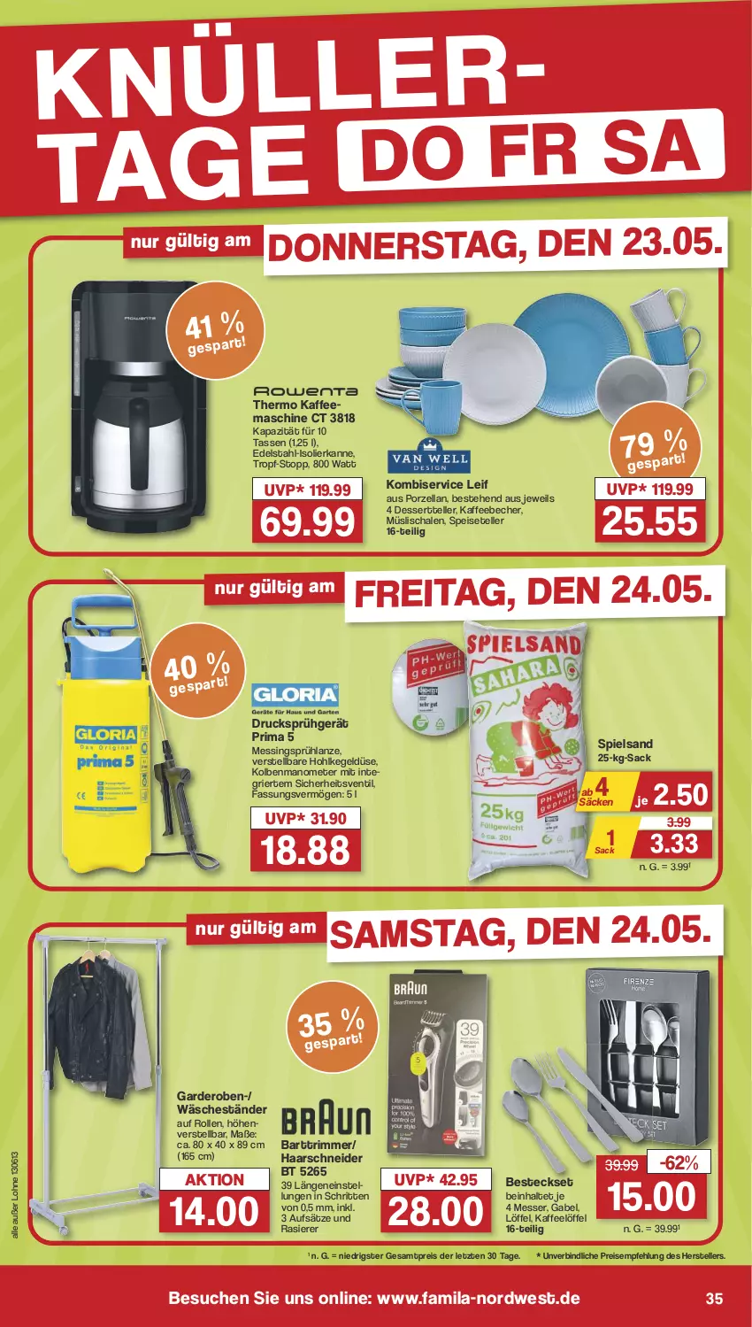 Aktueller Prospekt Famila - Prospekte - von 21.05 bis 25.05.2024 - strona 35 - produkty: Becher, besteck, besteckset, decke, dessert, Dessertteller, edelstahl, eis, elle, gabel, Garderobe, haarschneider, isolierkanne, kaffee, kaffeebecher, kaffeemaschine, Kombiservice, Löffel, messer, müsli, Müslischale, rasierer, reis, sac, Schal, Schale, Speiseteller, spielsand, tasse, teller, Ti, ZTE