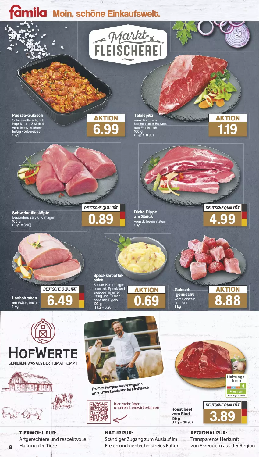Aktueller Prospekt Famila - Prospekte - von 21.05 bis 25.05.2024 - strona 8 - produkty: beef, braten, eis, ente, essig, felgen, filet, fleisch, gulasch, kartoffel, kartoffelsalat, küche, Küchen, lachs, Lachsbraten, LG, marinade, mit paprika, natur, nuss, paprika, rind, rindfleisch, roastbeef, salat, schwein, schwein und rind, schweine, schweinefilet, schweinefleisch, Speck, tafelspitz, Ti, Tiere, vom schwein und rind, wein, weine, zwiebel, zwiebeln