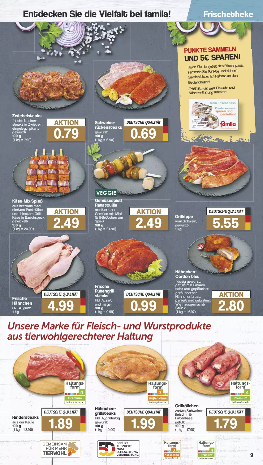 Aktueller Prospekt Famila - Prospekte - von 21.05 bis 25.05.2024 - strona 9 - produkty: Bau, braten, brötchen, cordon bleu, decke, eis, emmentaler, fleisch, Frische Hähnchen, gewürz, grill, Grillkäse, grillrippe, hähnchenbrust, hirtenkäse, Käse, LG, mac, Nackensteak, nackensteaks, pute, rind, rinder, Rindersteak, Rückensteak, rückensteaks, schwein, schweine, schweinefleisch, Speck, steak, steaks, Ti, veggie, wein, weine, WICK, wurst, zwiebel, zwiebeln