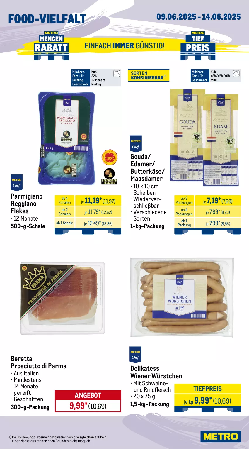 Aktueller Prospekt Metro - Wochen-Angebote Gastro - von 09.06 bis 14.06.2025 - strona 10 - produkty: angebot, beutel, butter, butterkäse, Cap, edamer, eier, eierspätzle, eis, eiswürfel, flakes, fleisch, gouda, Käse, langnese, Maasdam, maasdamer, mac, milch, parmigiano, parmigiano reggiano, pfanne, pfannen, prosciutto, Prosciutto di Parma, reggiano, reis, rind, rindfleisch, Schal, Schale, schnitten, schwein, schweine, Ti, tiefpreis, wein, weine, wiener, wiener würstchen, würfel, würstchen