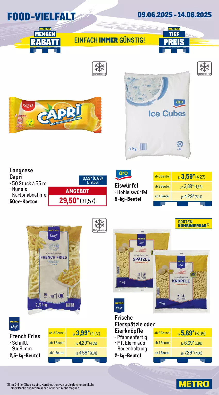 Aktueller Prospekt Metro - Wochen-Angebote Gastro - von 09.06 bis 14.06.2025 - strona 11 - produkty: angebot, beutel, butter, butterkäse, Cap, edamer, eier, eierspätzle, eis, eiswürfel, flakes, fleisch, gouda, Käse, langnese, Maasdam, maasdamer, mac, milch, parmigiano, parmigiano reggiano, pfanne, pfannen, prosciutto, Prosciutto di Parma, reggiano, reis, rind, rindfleisch, Schal, Schale, schnitten, schwein, schweine, Ti, tiefpreis, wein, weine, wiener, wiener würstchen, würfel, würstchen