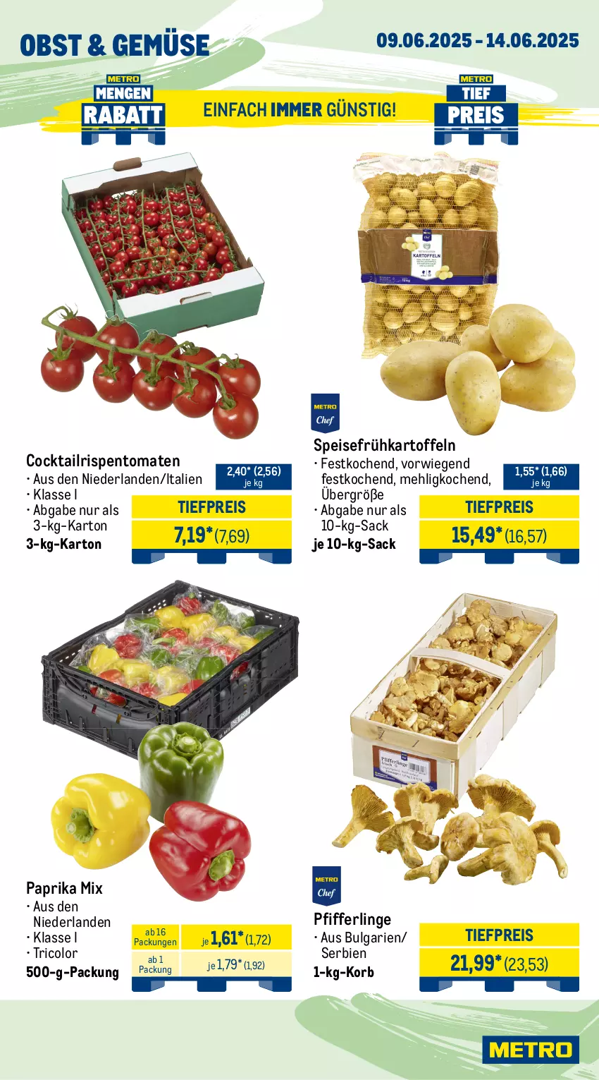 Aktueller Prospekt Metro - Wochen-Angebote Gastro - von 09.06 bis 14.06.2025 - strona 8 - produkty: bag-in-box, butter, cocktail, edamer, eis, Frühkartoffeln, gouda, kartoffel, kartoffeln, korb, LG, mac, meggle, mehl, milch, milram, obst, paprika, paprika mix, Pfifferlinge, reis, rispentomaten, sac, sahne, schlagsahne, speisefrühkartoffeln, Ti, tiefpreis, tomate, tomaten