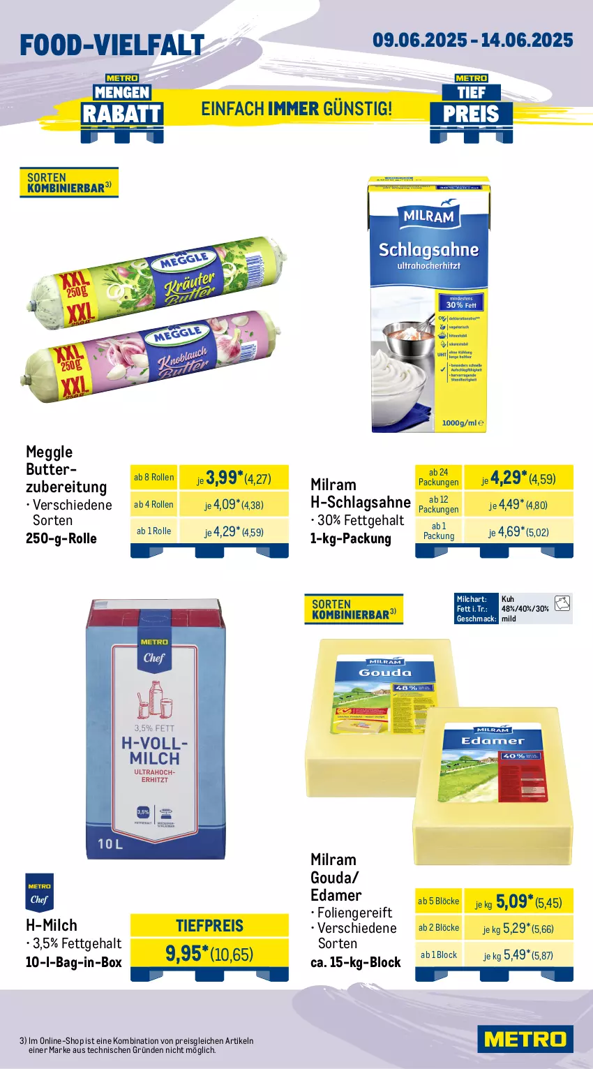Aktueller Prospekt Metro - Wochen-Angebote Gastro - von 09.06 bis 14.06.2025 - strona 9 - produkty: bag-in-box, butter, cocktail, edamer, eis, Frühkartoffeln, gouda, kartoffel, kartoffeln, korb, LG, mac, meggle, mehl, milch, milram, obst, paprika, paprika mix, Pfifferlinge, reis, rispentomaten, sac, sahne, schlagsahne, speisefrühkartoffeln, Ti, tiefpreis, tomate, tomaten