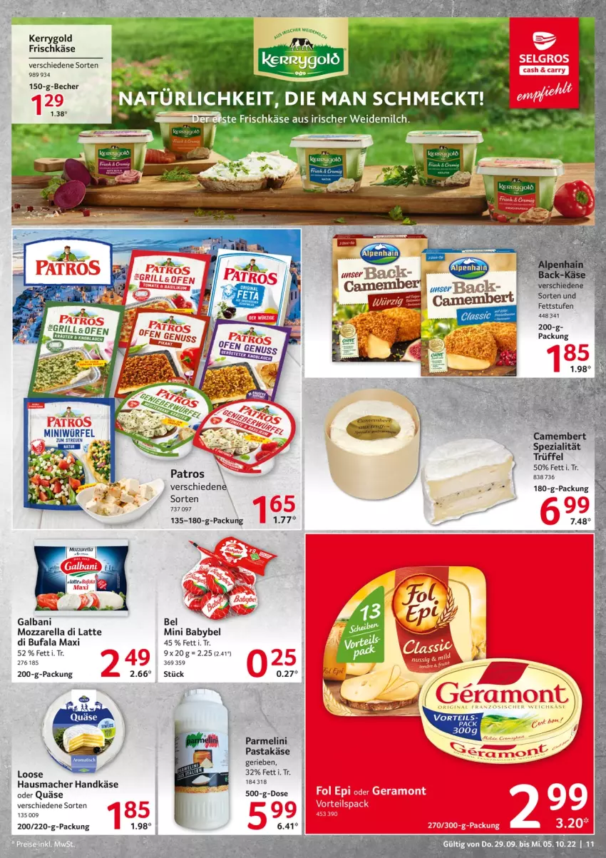 Aktueller Prospekt Selgros - Food - von 29.09 bis 05.10.2022 - strona 11 - produkty: babybel, basilikum, camembert, di bufala, eier, fol epi, frischkäse, galbani, Hausmacher, Käse, kerrygold, latte, Loose, mac, mini babybel, mozzarella, ndk, pasta, quäse, rel, Spezi, tomate, Trüffel