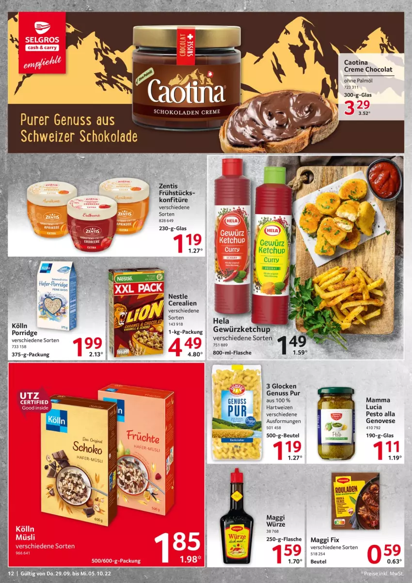 Aktueller Prospekt Selgros - Food - von 29.09 bis 05.10.2022 - strona 12 - produkty: beutel, cerealien, cola, creme, curry, flasche, genovese, gewürz, hafer, hartweizen, Hela, ketchup, Kette, konfitüre, maggi, maggi fix, maggi würze, mam, nuss, ohne palmöl, pesto, porridge, Ti