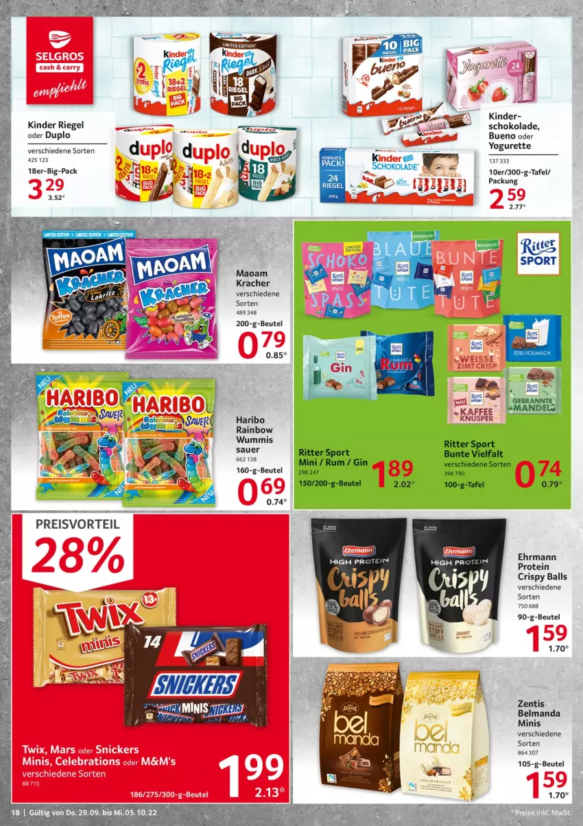 Aktueller Prospekt Selgros - Food - von 29.09 bis 05.10.2022 - strona 18 - produkty: auer, ball, beutel, duplo, ehrmann, eis, gin, haribo, Kinder, kinder riegel, kracher, maoam, mars, oder yogurette, preisvorteil, reis, riegel, ritter, ritter sport, rum, schoko, schokolade, snickers, Sport, Ti, twix, WICK, Yo, yogurette, zentis