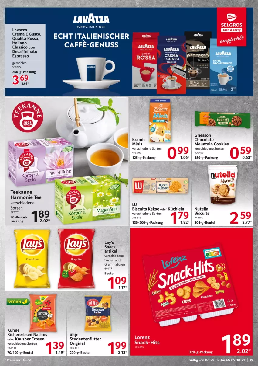 Aktueller Prospekt Selgros - Food - von 29.09 bis 05.10.2022 - strona 19 - produkty: beutel, brandt, caffe, classico, cola, cookie, cookies, ente, erbsen, espresso, gin, griesson, keks, kekse, kichererbsen, Kühne, lavazza, nacho, Nachos, nuss, nutella, snack, studentenfutter, tee, teekanne, Ti, ültje