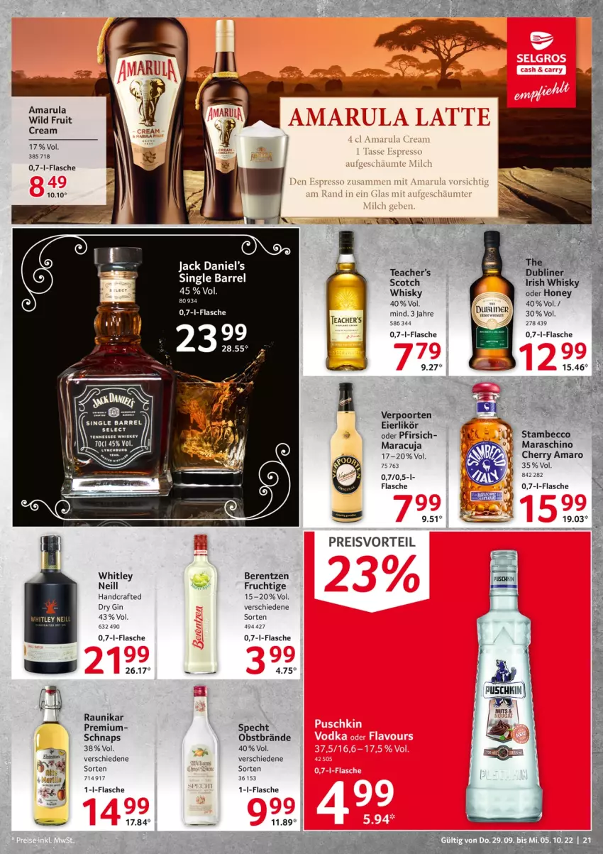 Aktueller Prospekt Selgros - Food - von 29.09 bis 05.10.2022 - strona 21 - produkty: amaro, amarula, berentzen, dry gin, ecco, eier, eierlikör, eis, flasche, frucht, gin, jack daniel, Jack Daniel’s, likör, maracuja, obst, pfirsich, preisvorteil, reis, rel, scotch, scotch whisky, specht, tennessee whiskey, Ti, verpoorten, whiskey, whisky, Wild