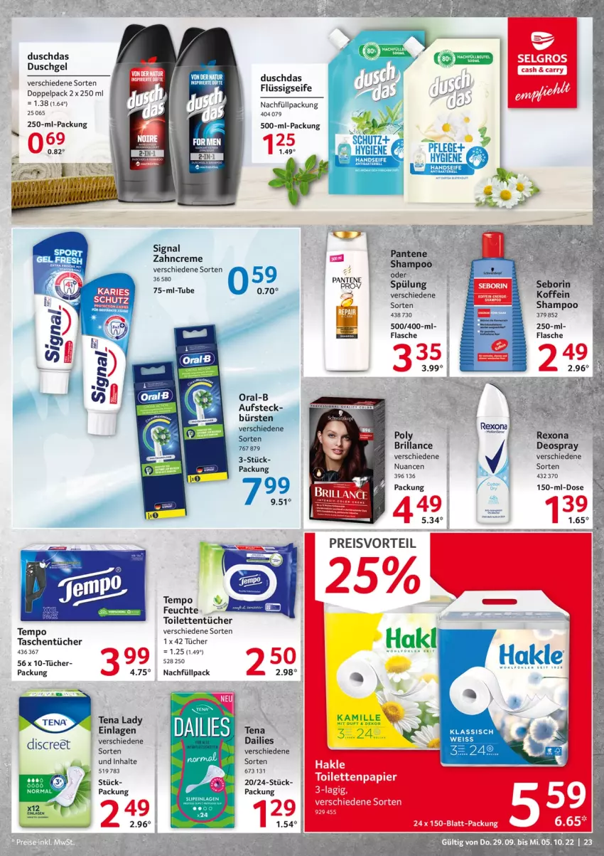 Aktueller Prospekt Selgros - Food - von 29.09 bis 05.10.2022 - strona 23 - produkty: brillance, creme, dailies, deo, deospray, Discreet, duschdas, duschgel, eis, flasche, flüssigseife, hakle, Handseife, Kamill, kamille, Nuance, oral-b, pantene, preisvorteil, reis, rexona, Seife, shampoo, Signal, slip, slipeinlagen, Sport, spülung, Tasche, taschen, taschentücher, Tempo, Tena Lady, Ti, toilettentücher, tücher, zahncreme