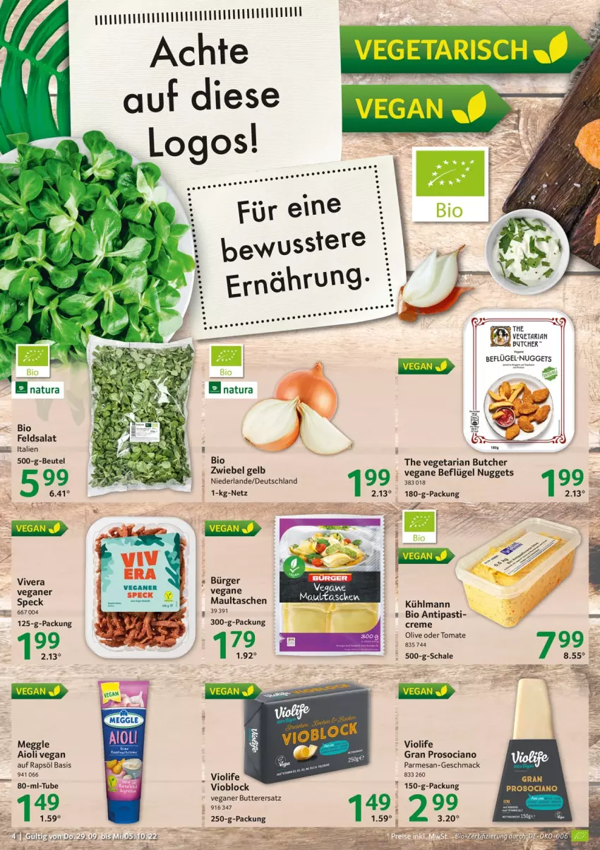 Aktueller Prospekt Selgros - Food - von 29.09 bis 05.10.2022 - strona 4 - produkty: aioli, antipasti, asti, bio, butter, creme, feldsalat, kühlmann, LG, mac, maultaschen, meggle, natur, natura, nuggets, olive, rapsöl, Ria, salat, Schal, Schale, Speck, Tasche, taschen, The Vegetarian Butcher, Ti, tomate, Vegeta, zwiebel