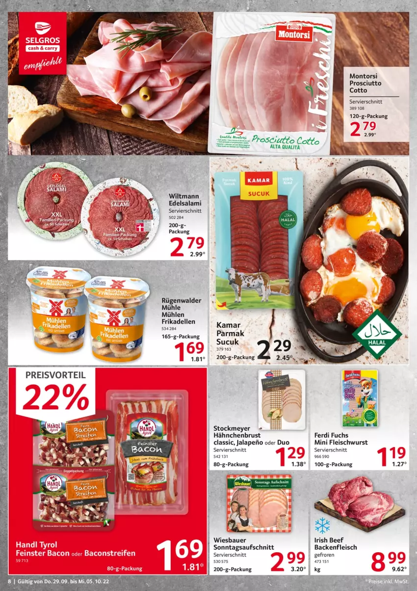 Aktueller Prospekt Selgros - Food - von 29.09 bis 05.10.2022 - strona 8 - produkty: auer, aufschnitt, Bau, Bauer, beef, dell, Edelsalami, eis, elle, ferdi fuchs, fleisch, fleischwurst, frikadellen, hähnchenbrust, montorsi, preisvorteil, prosciutto, reis, rügenwalder, rügenwalder mühle, salami, stockmeyer, Ti, wiesbauer, wiltmann, wurst