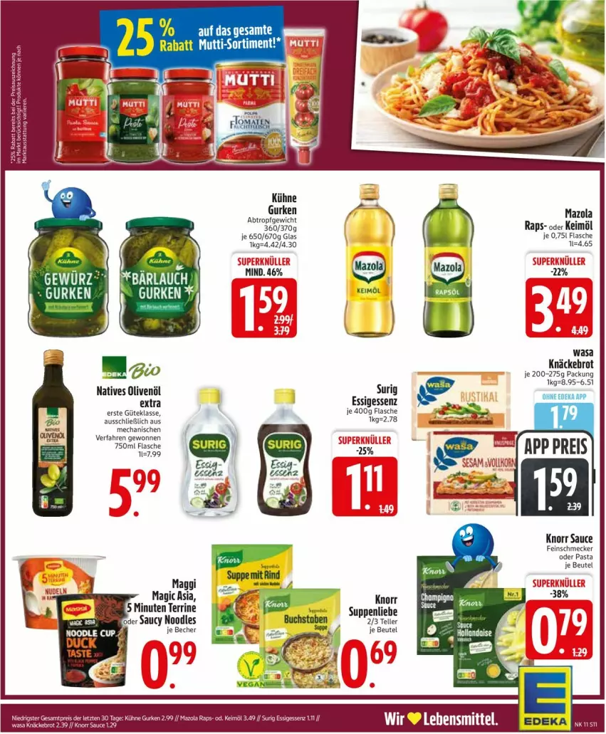 Aktueller Prospekt Edeka - Prospekte - von 09.03 bis 14.03.2026 - strona 11 - produkty: beutel, brot, deka, elle, essig, feinschmecker, flasche, gurke, gurken, keimöl, knäckebrot, knorr, Kühne, maggi, mazola, natives olivenöl, olive, oliven, olivenöl, pasta, sauce, suppe, suppen, suppenliebe, teller, Ti, wasa
