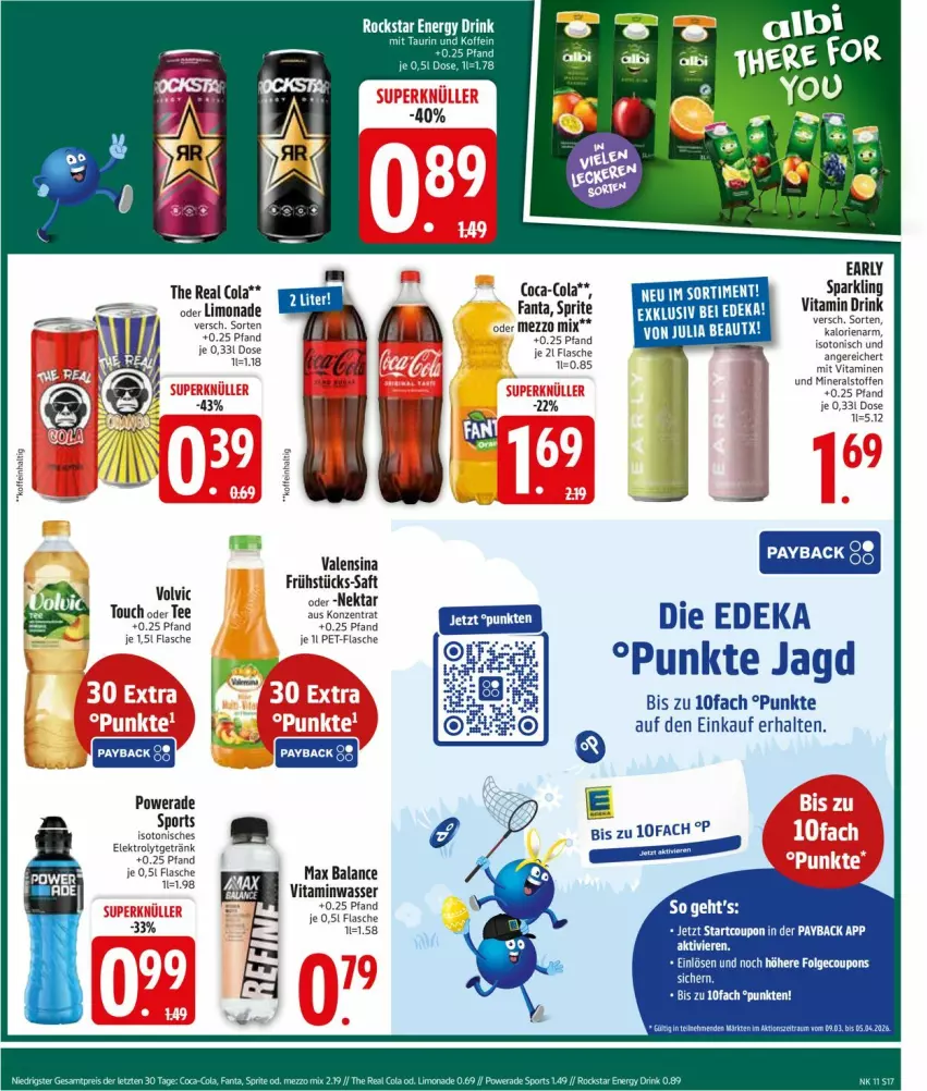 Aktueller Prospekt Edeka - Prospekte - von 09.03 bis 14.03.2026 - strona 17 - produkty: coca-cola, cola, coupon, deka, drink, Elektro, elle, fanta, flasche, getränk, limo, limonade, Nektar, payback, pet-flasche, saft, Sport, sprite, Ti, valensina, vita, Vitamin D, Vitamine, wasser