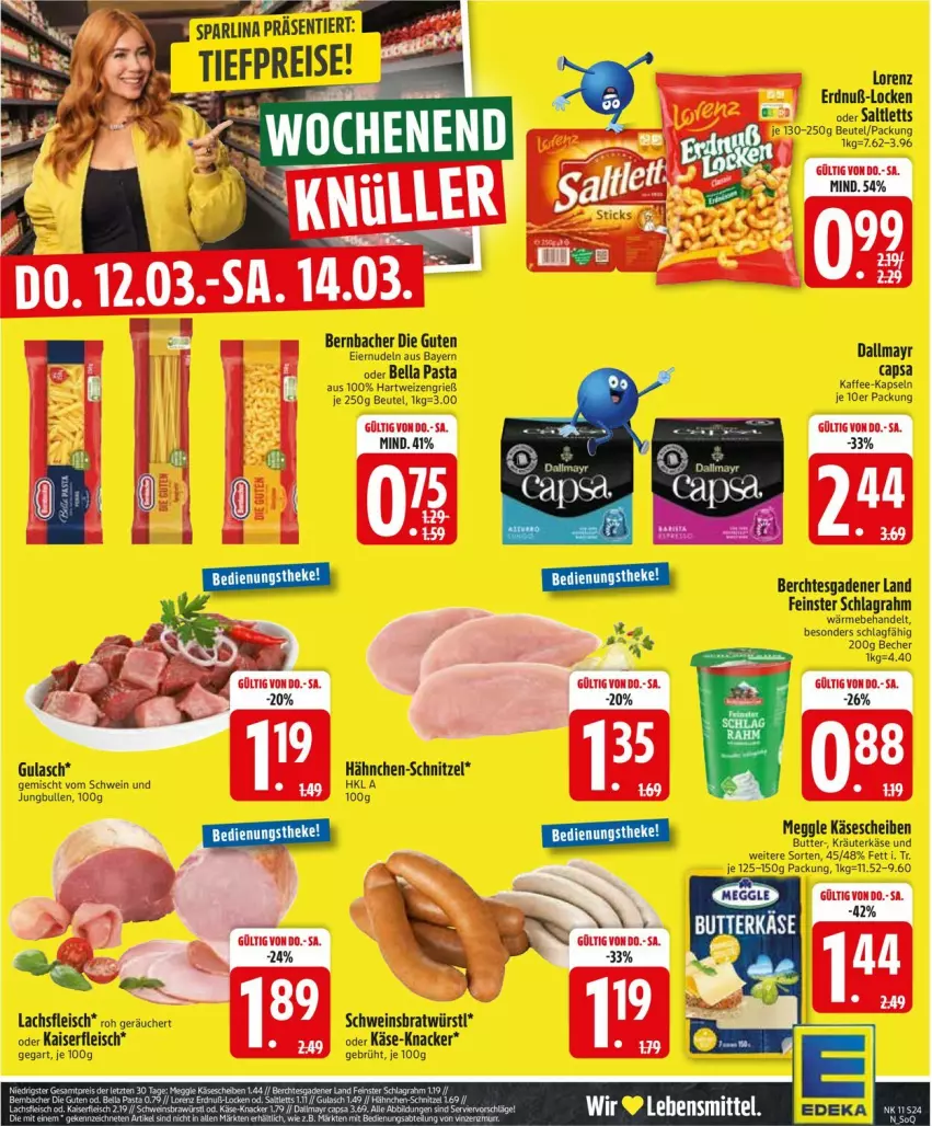 Aktueller Prospekt Edeka - Prospekte - von 09.03 bis 14.03.2026 - strona 24 - produkty: Becher, bernbacher, beutel, butter, Cap, dallmayr, eier, eiernudeln, eis, fleisch, hartweizen, jungbullen, kaffee, kaffee-kapseln, Kaiser, Käse, käsescheiben, knacker, kräuter, lachs, lorenz, meggle, nudel, nudeln, pasta, reis, saltletts, schlagrahm, schnitzel, schwein, Ti, tiefpreis, wein
