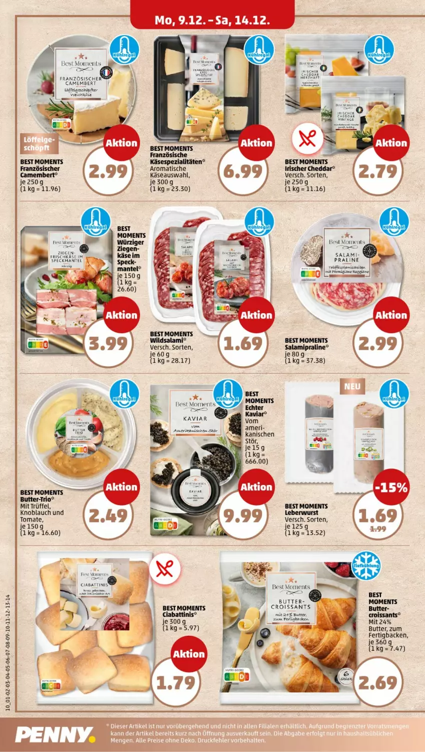 Aktueller Prospekt Penny - Prospekte - von 09.12 bis 14.12.2024 - strona 10 - produkty: butter, camembert, cheddar, Croissant, croissants, frischkäse, Käse, knoblauch, leberwurst, LG, Löffel, Mantel, merl, salami, Speck, Spezi, Ti, tisch, tomate, Trüffel, Wild, wurst