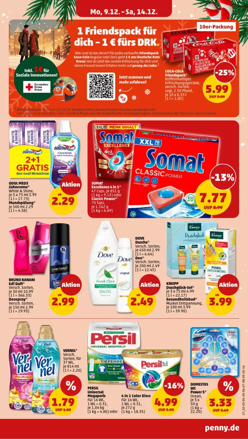 Aktueller Prospekt Penny - Prospekte - von 09.12 bis 14.12.2024 - strona 27 - produkty: Bad, bruno banani, coca-cola, cola, creme, deo, deospray, domestos, dove, dusche, erde, flasche, Gesundheit, kneipp, megaperls, mundspülung, Odol, persil, spülung, Ti, universal megaperls, vernel, zahncreme