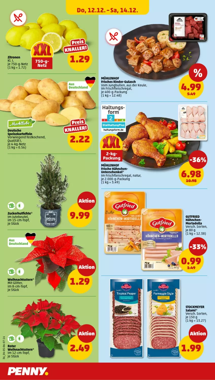 Aktueller Prospekt Penny - Prospekte - von 09.12 bis 14.12.2024 - strona 36 - produkty: beutel, buch, dell, eis, fleisch, Frische Hähnchen, gulasch, gutfried, henkel, maggi, mortadella, natur, regal, rind, rinder, salami, schenkel, stockmeyer, topf, Weihnachtsstern, zucker