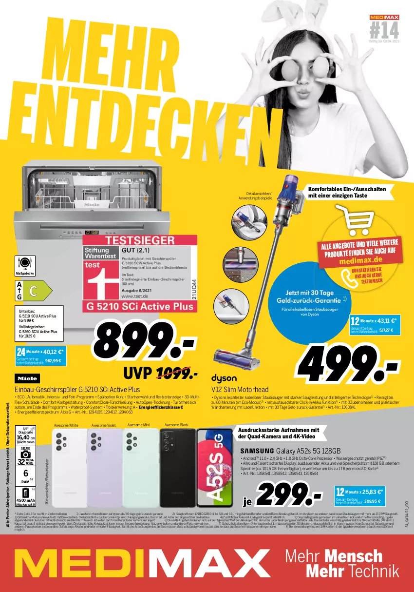 Aktueller Prospekt Medimax - MEDIMAX Prospekt KW14 2022 - von 01.04 bis 07.04.2022 - strona 1 - produkty: abholpreise, akku, alkohol, angebot, angebote, auer, aust, auto, Bau, Behälter, decke, dekoration, deo, Dyson, einbau-geschirrspüler, eis, ente, geld-zurück-garantie, geschirr, geschirrspüler, Intel, kamera, korb, kraft, lack, ladegerät, microsd, mint, octa-core prozessor, quad, Reinigung, reis, Ria, ring, rum, rwe, salz, Schal, Seife, sim, Spektrum, Spiele, staubsauger, telefon, Ti, Tiere, tisch, touchscreen, wandhalterung, wasser, ZTE