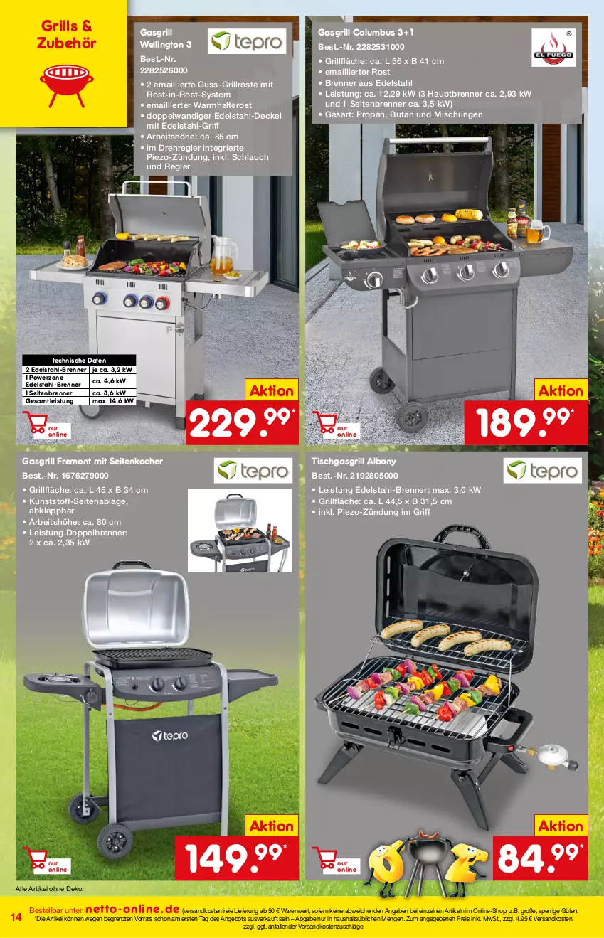 Aktueller Prospekt Netto Marken-Discount - Online-Angebote April - von 01.04 bis 30.04.2022 - strona 14 - produkty: angebot, decke, Deckel, edelstahl, eis, gasgrill, grill, grillfläche, grillrost, Kocher, ndk, piezo-zündung, reis, rost-in-rost-system, schlauch, Ti, tisch, versandkostenfrei, ZTE