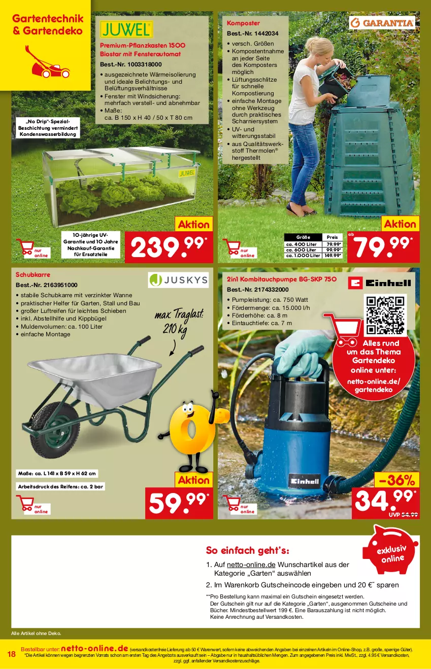 Aktueller Prospekt Netto Marken-Discount - Online-Angebote April - von 01.04 bis 30.04.2022 - strona 18 - produkty: angebot, auto, Bau, bio, bügel, eis, elle, ente, erde, fenster, Garten, gutschein, gutscheine, HP, Komposter, korb, ndk, Pflanzkasten, reifen, reis, Spezi, Stier, Ti, tisch, versandkostenfrei, Wanne, wasser, werkzeug, ZTE