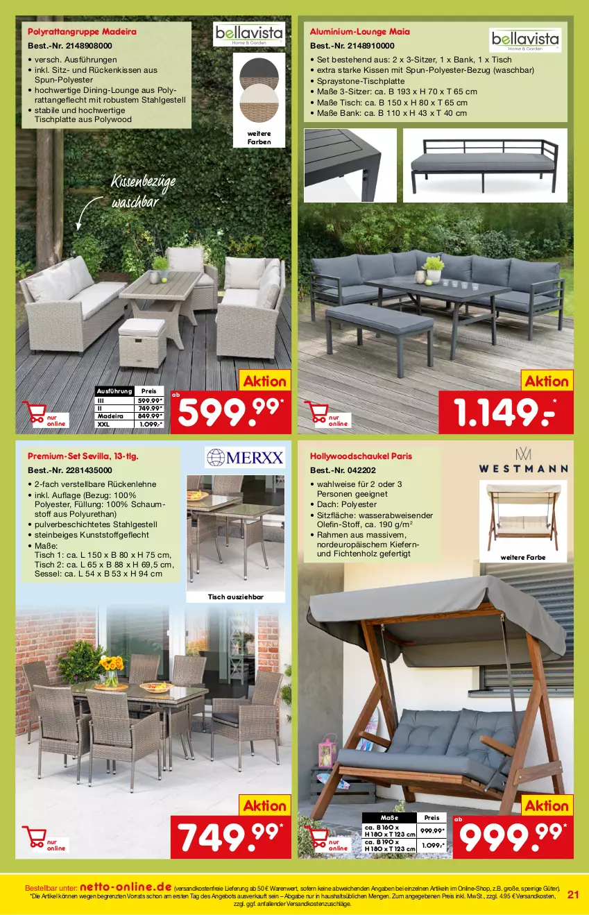 Aktueller Prospekt Netto Marken-Discount - Online-Angebote April - von 01.04 bis 30.04.2022 - strona 21 - produkty: angebot, Bank, eis, hollywoodschaukel, Holz, HP, kissen, kunststoffgeflecht, latte, LG, ndk, reis, Rückenkissen, rückenlehne, Schaukel, sessel, Ti, tisch, tischplatte, versandkostenfrei, wasser, ZTE