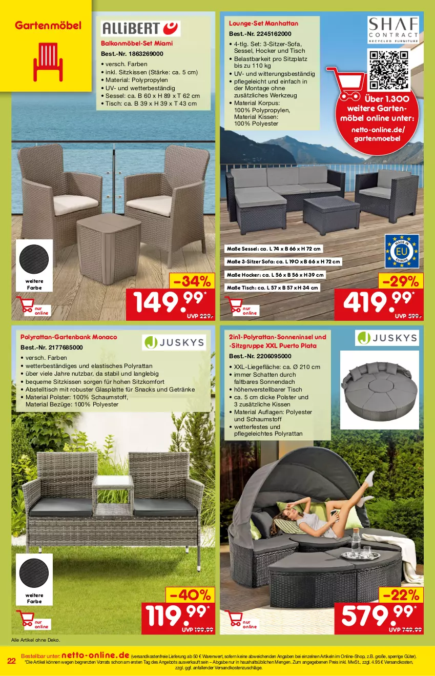 Aktueller Prospekt Netto Marken-Discount - Online-Angebote April - von 01.04 bis 30.04.2022 - strona 22 - produkty: angebot, asti, Bank, eis, Garten, gartenbank, gartenmöbel, getränk, getränke, glasplatte, hocker, kissen, latte, LG, Liege, lounge-set, möbel, ndk, reis, Ria, sessel, sitzkissen, snack, snacks, Sofa, Ti, tisch, versandkostenfrei, werkzeug, ZTE