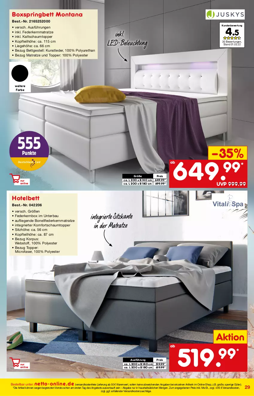 Aktueller Prospekt Netto Marken-Discount - Online-Angebote April - von 01.04 bis 30.04.2022 - strona 29 - produkty: angebot, Bau, beleuchtung, bett, boxspringbett, eis, federkern, federkernmatratze, Kaltschaumtopper, kernmatratze, komfortschaumtopper, Liege, matratze, montana, ndk, reis, ring, Ti, topper, versandkostenfrei, ZTE